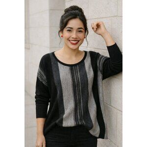 In Cashmere Striped 100% Cashmere Pullover Sweater Womens Large Black Gray